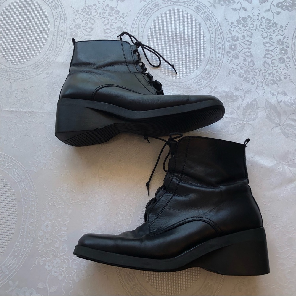 Gommus Leather Boots Black Ankle Square Low Bootie Women’s Size 39 (8.5) Lace-Up